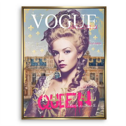 Eclectic wall art with royal motif and vibrant QUEEN lettering for a bold statement.