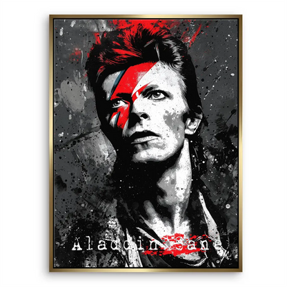 Energetic wall art of Bowie in monochrome with bright bolt accents