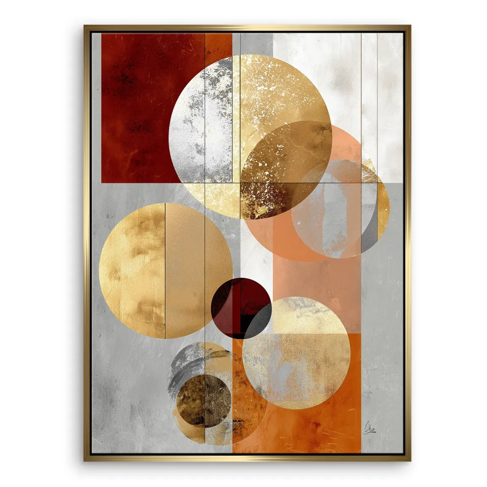 Metallic gold and silver circles rise over a moody grey backdrop in contemporary wall art.