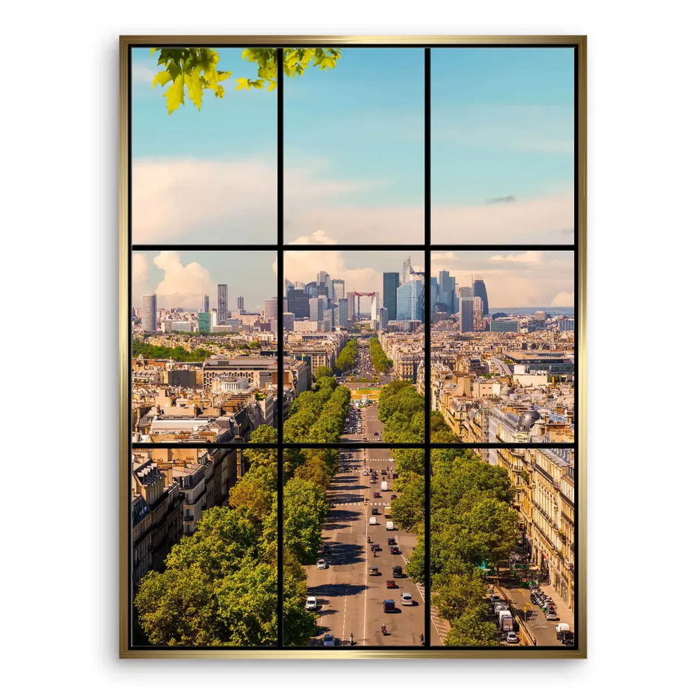Contemporary window-framed cityscape artwork of Paris for modern decor