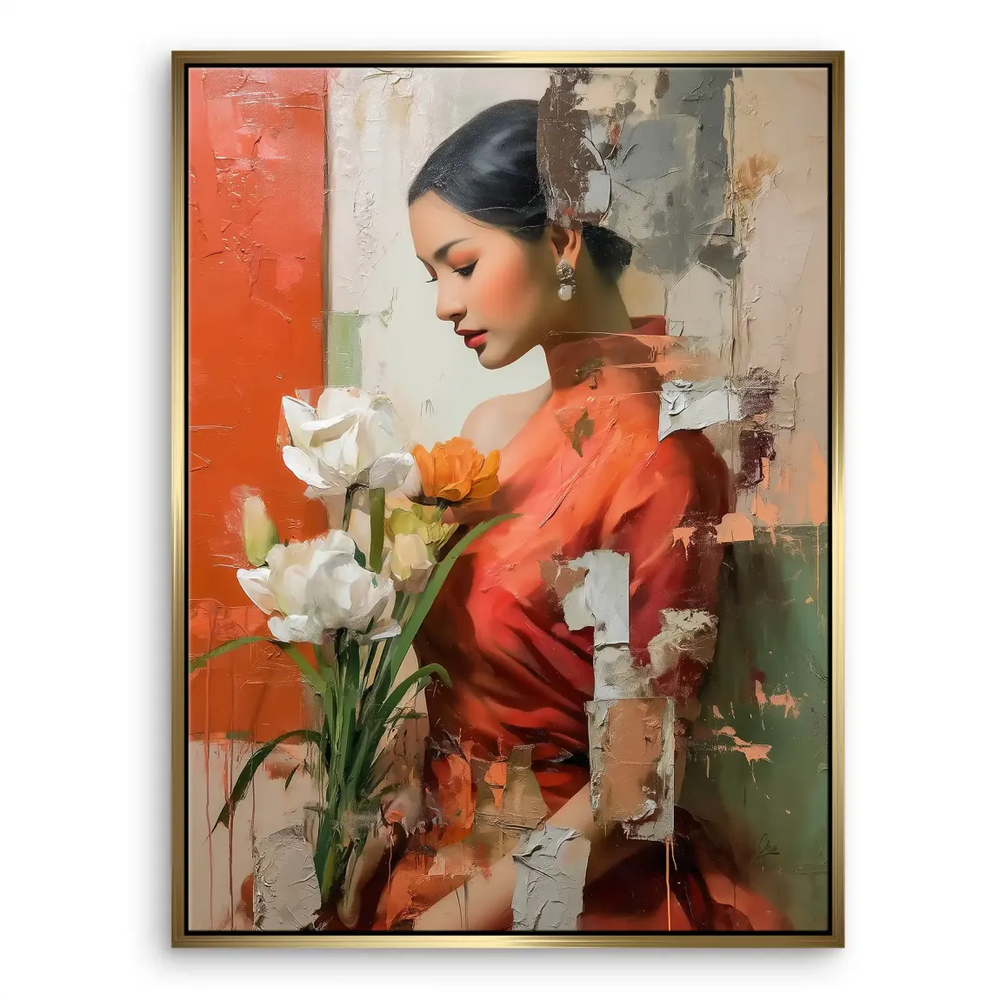 Textured brushstrokes create an abstract backdrop around a serene figurative portrait with floral accents.