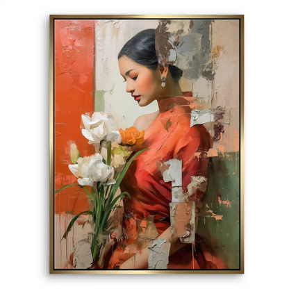 Textured brushstrokes create an abstract backdrop around a serene figurative portrait with floral accents.
