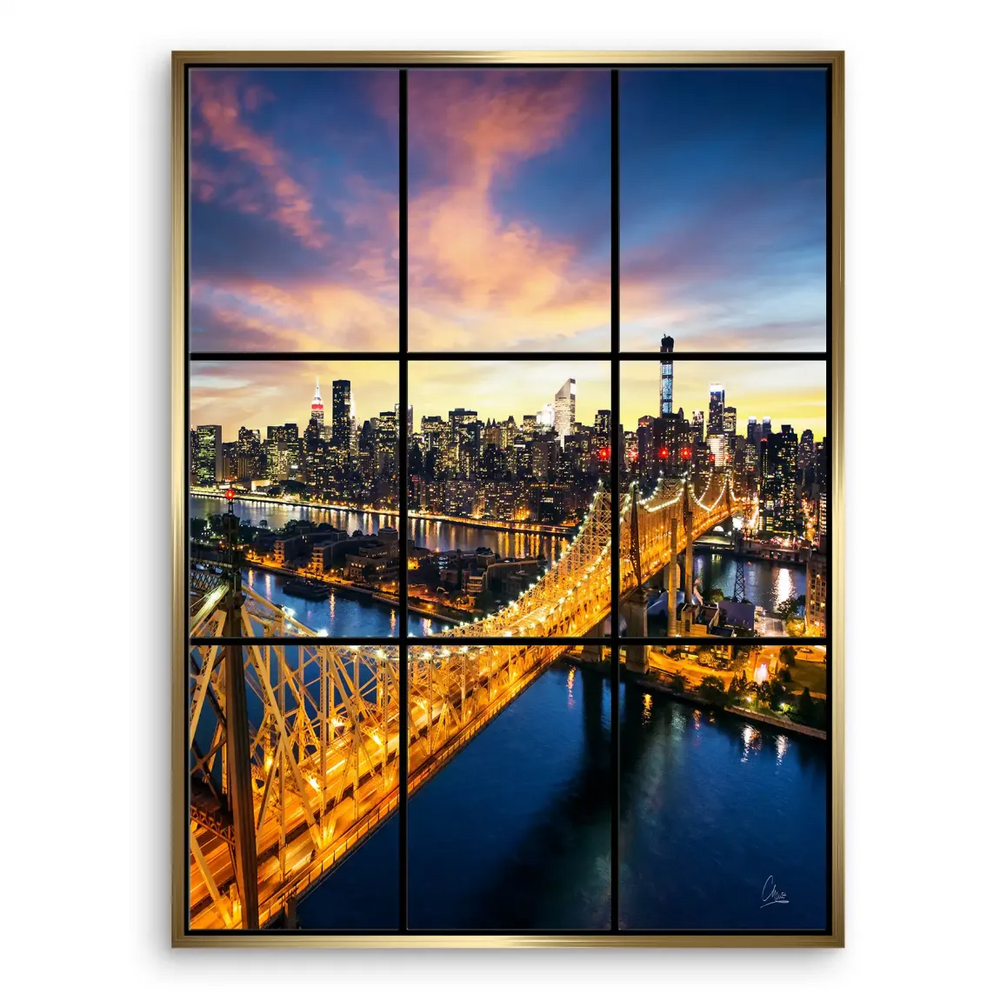 Dramatic cityscape with blue river and bridge in a canvas print