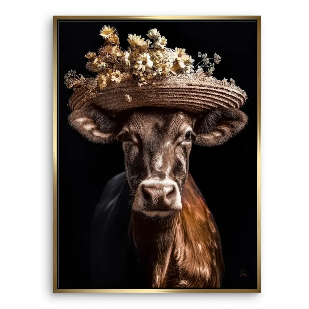 Whimsical cow wall art featuring straw hat and botanical accents