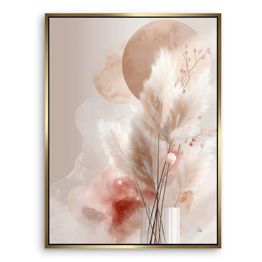 Boho-chic watercolor wall decor with pampas grass and blush sprigs in a clear vase