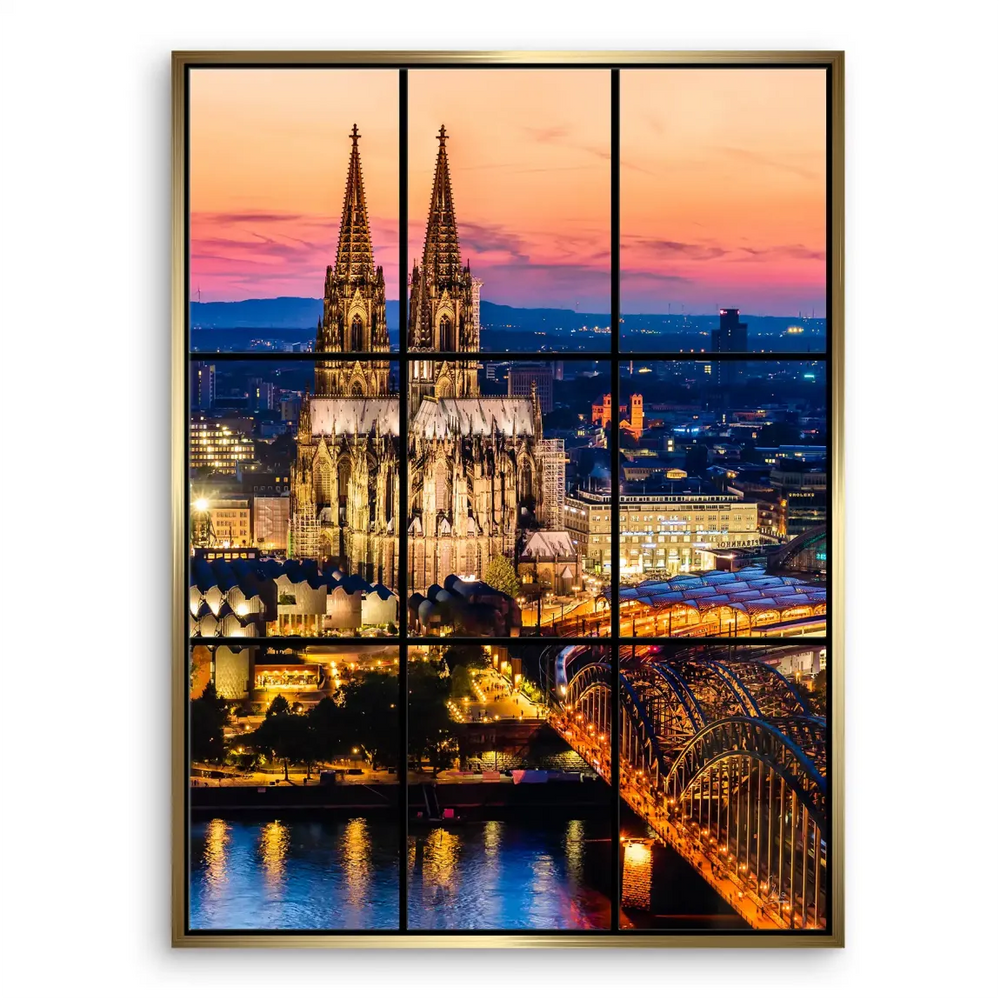 Reflective golden lights on the Rhine near the bridge