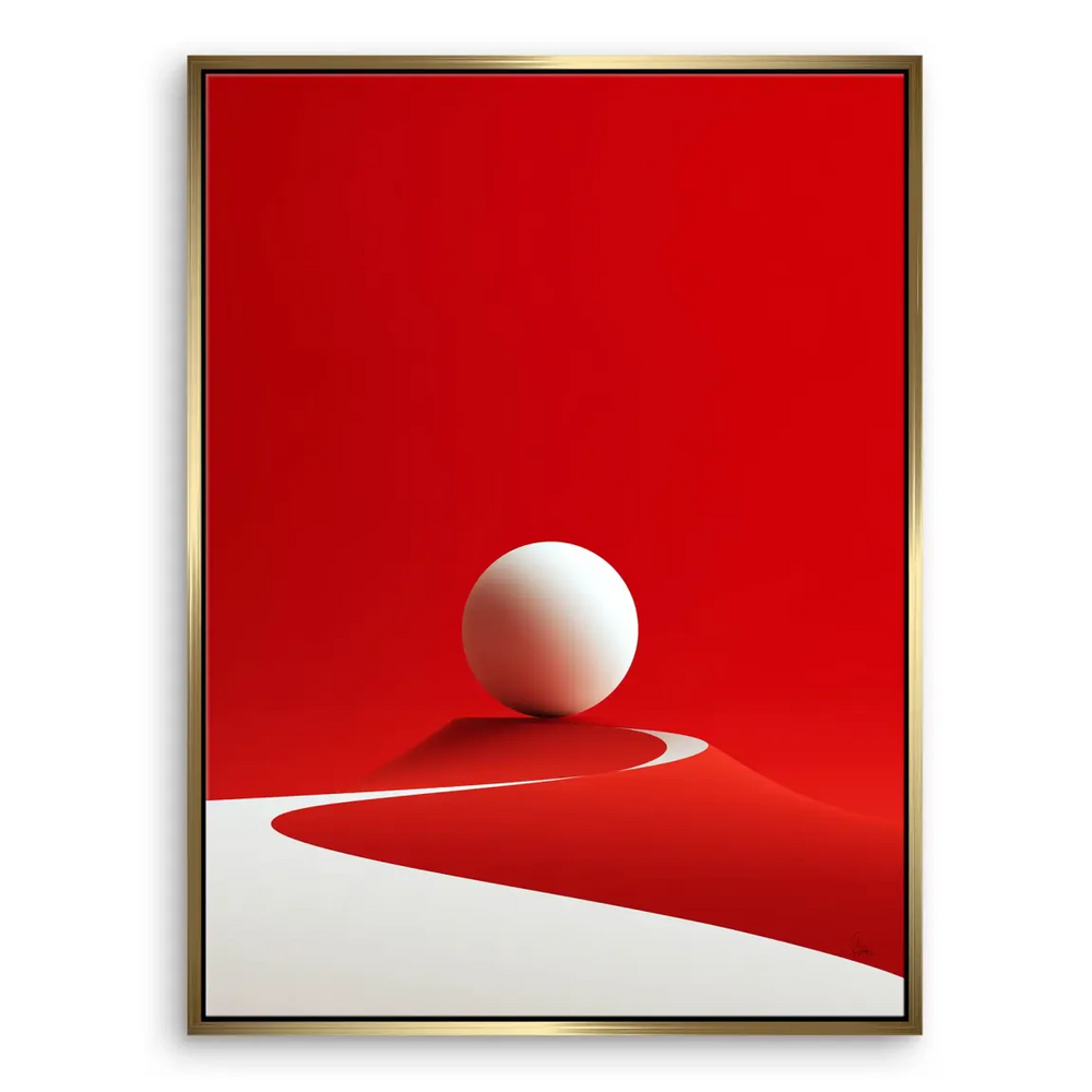 Pristine white sphere against a crimson landscape on canvas