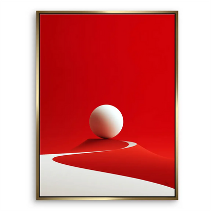 Pristine white sphere against a crimson landscape on canvas