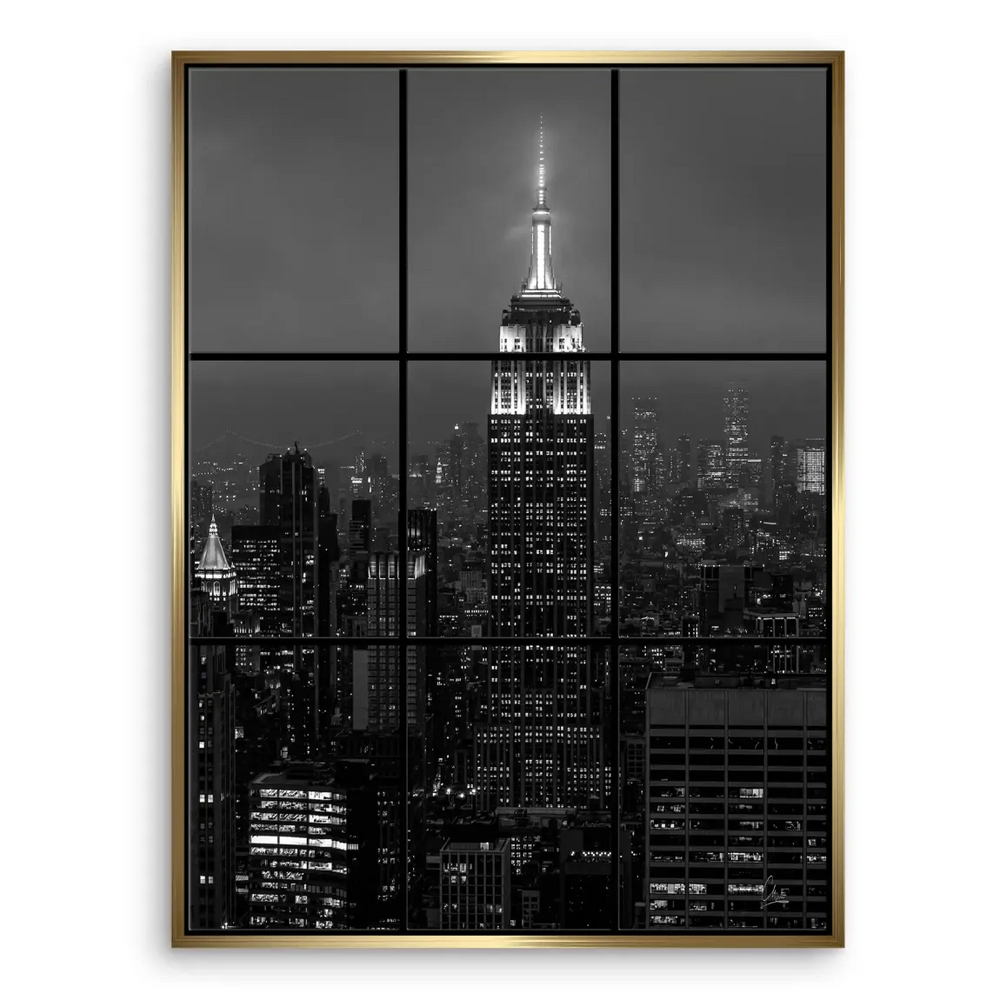 Portrait-oriented NYC skyline canvas showing bold architectural details in black and white.