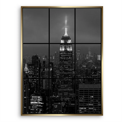 Portrait-oriented NYC skyline canvas showing bold architectural details in black and white.