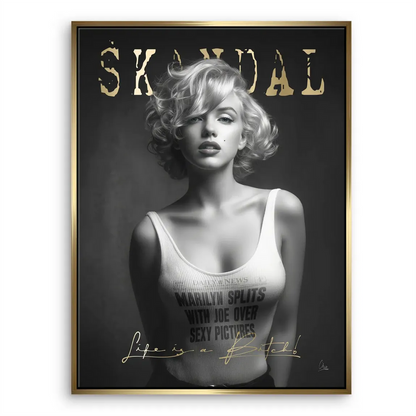 Shiny gold detail accents the bold art piece with a central Marilyn Monroe portrait.