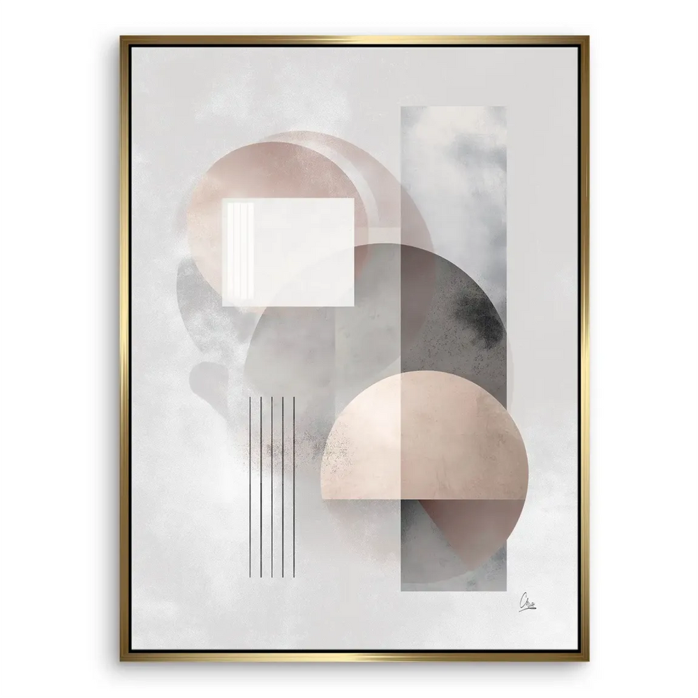 Depth created by translucent layering of circular and rectangular shapes in dusty rose and grey tones