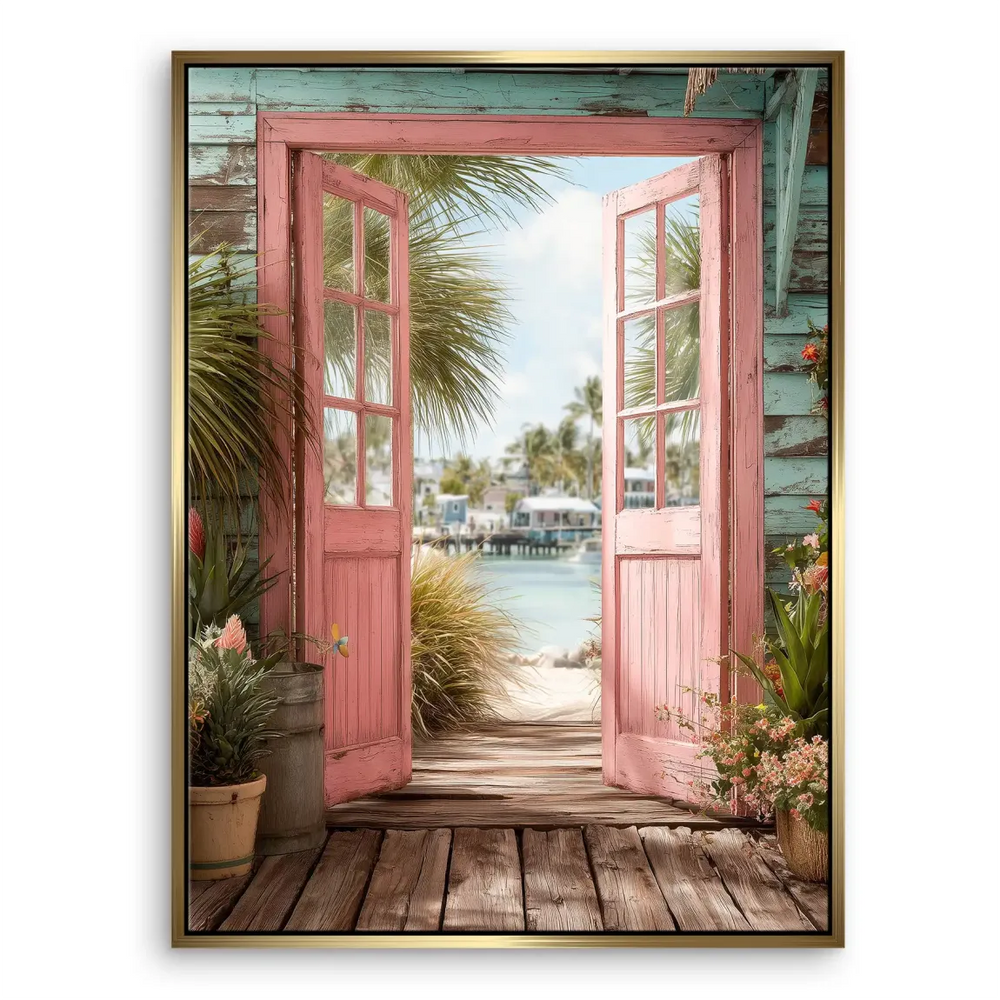 Lush green palm trees and tropical foliage along the coast in this wall art.