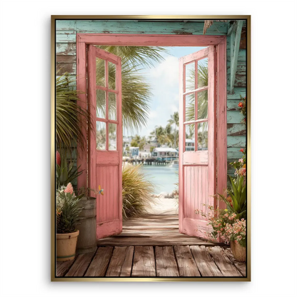 Lush green palm trees and tropical foliage along the coast in this wall art.