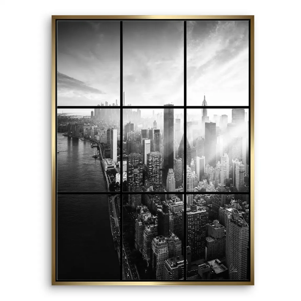 9-panel 3x3 window-grid framing of a panoramic cityscape