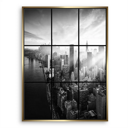 9-panel 3x3 window-grid framing of a panoramic cityscape