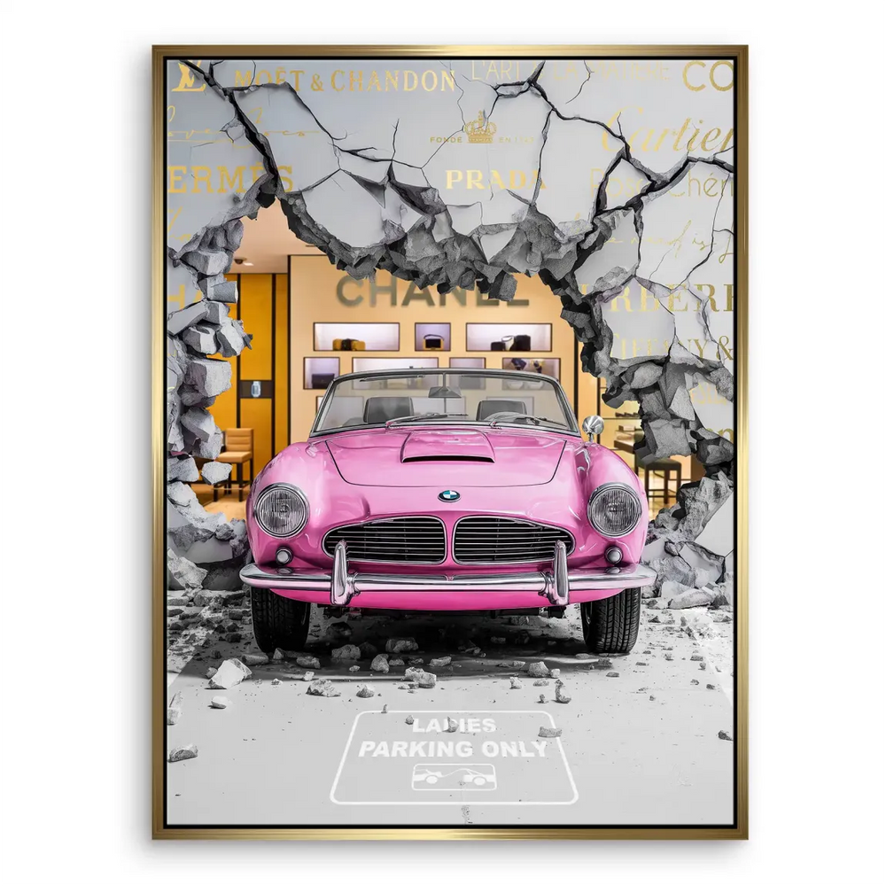 Coco Rebel Canvas Wall Art: Pink BMW Crashing Through Luxury Brands - Image 6