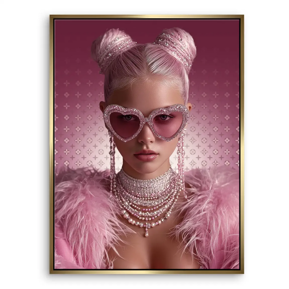 Luxury monogram motif decorates the pink backdrop.