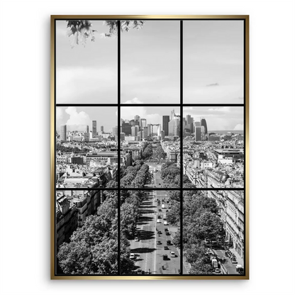 Boulevard scene framed as a multi-pane window view