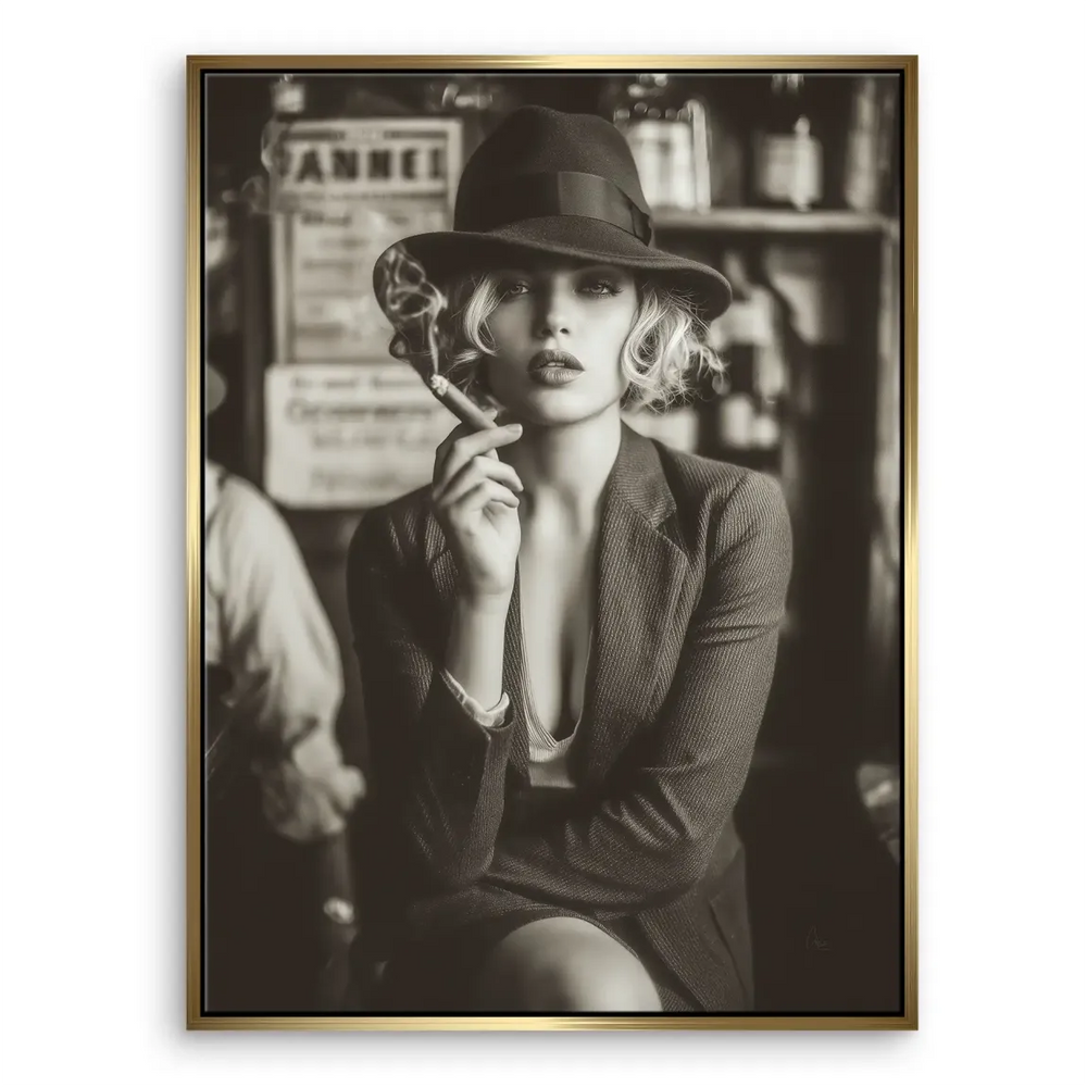 Elegant mid-century fashion portrait with blazer and fedora, smoke drifting in a moody background.