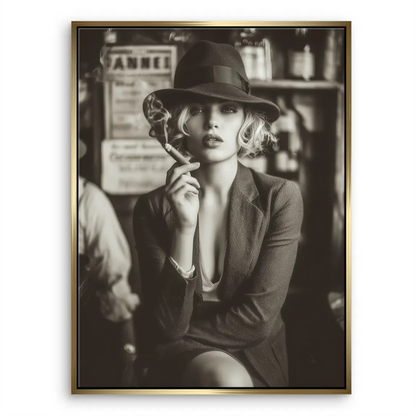 Elegant mid-century fashion portrait with blazer and fedora, smoke drifting in a moody background.