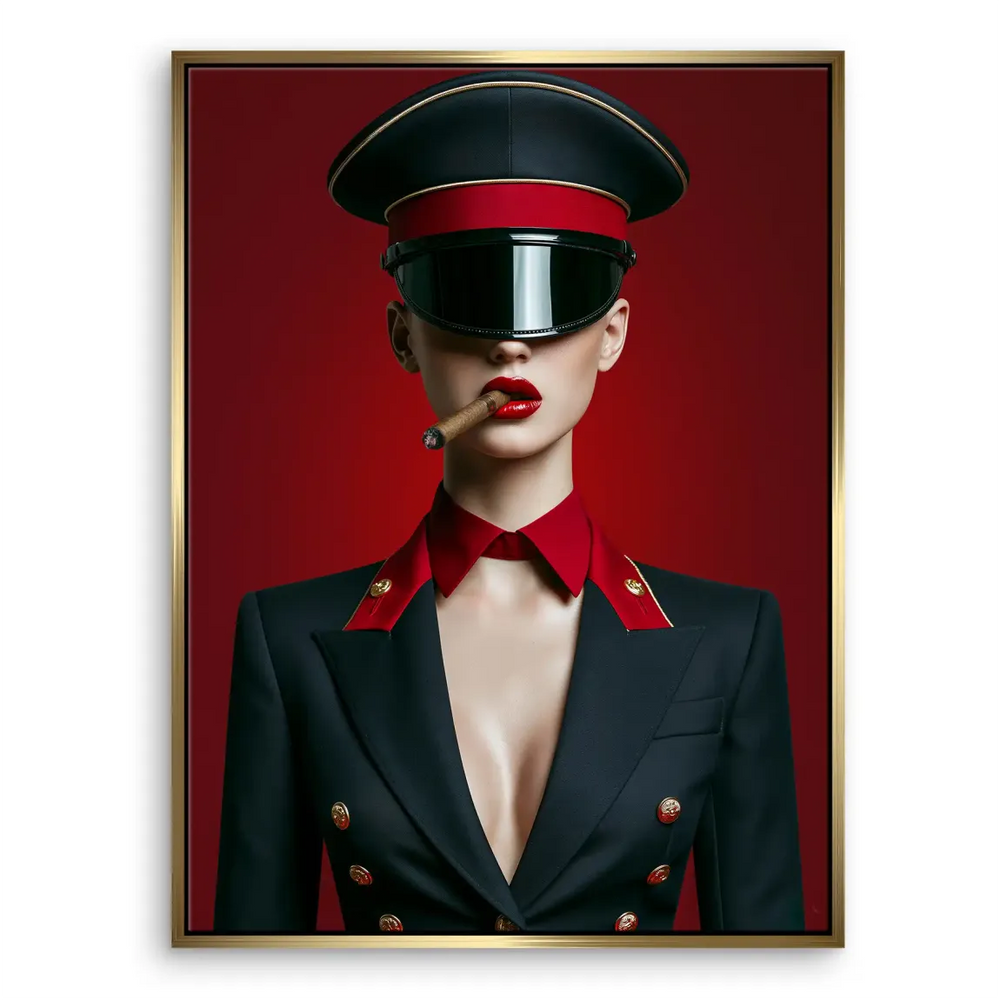 High-contrast portrait featuring red, black, and gold color palette