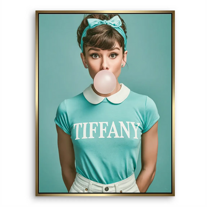 Close-up of the stylized face, eyes, and updo in a Tiffany blue-themed portrait