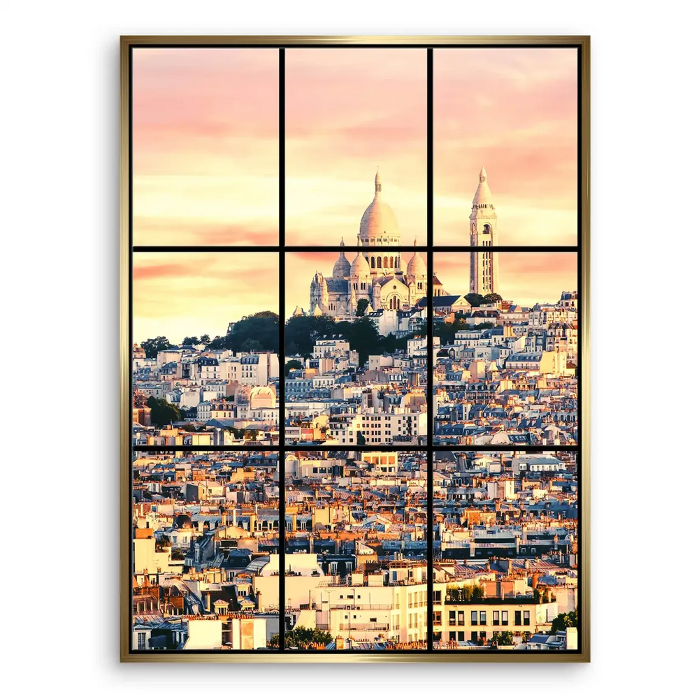 Pastel pink, yellow, and orange dawn over Parisian rooftops