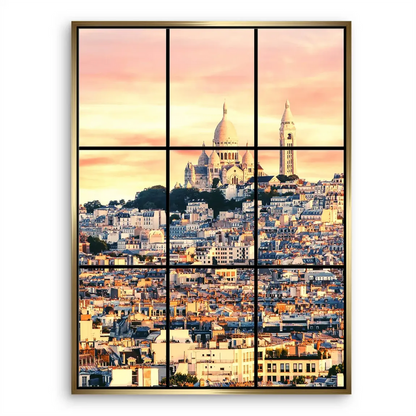 Pastel pink, yellow, and orange dawn over Parisian rooftops