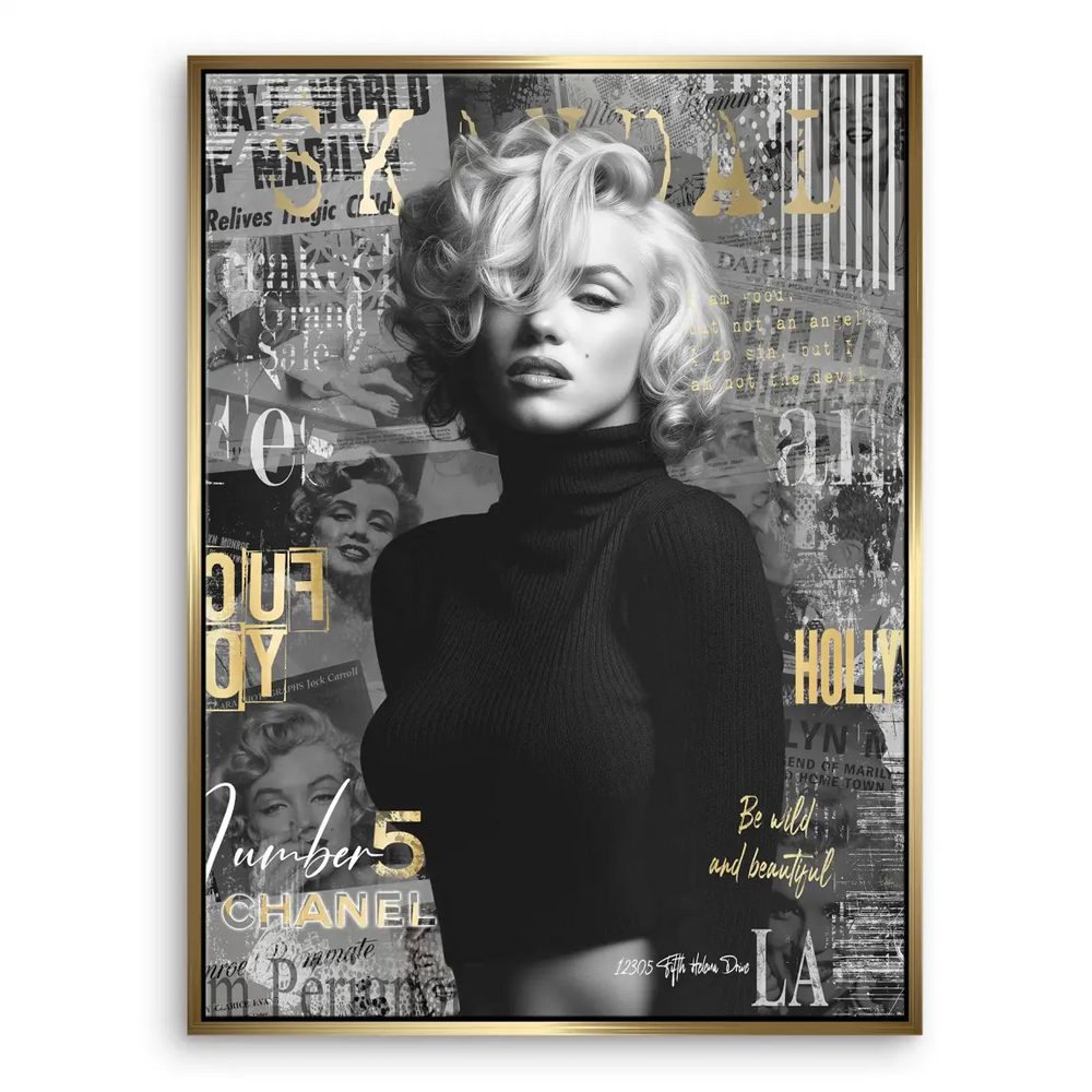 High-contrast black and white canvas with glam gold typography