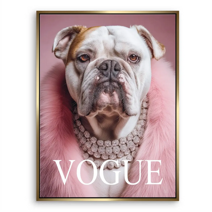 Bold VOGUE text anchors a high-fashion, pop-art bulldog portrait.