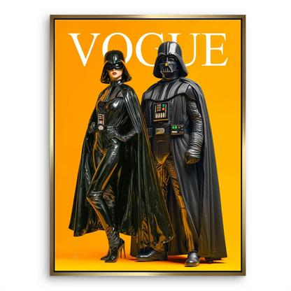 Luxurious black costumes with subtle red accents on a modern canvas print