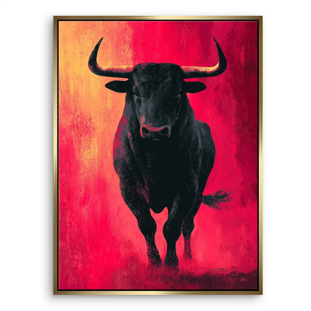 Strong wall decor showing a frontal bull in red and orange tones