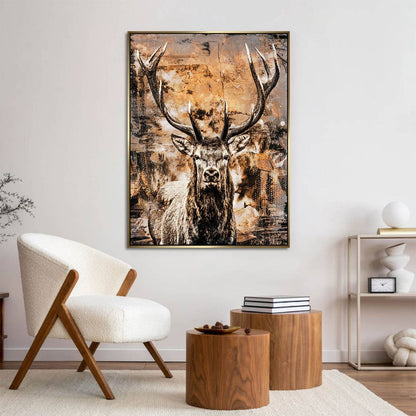 Photo-realistic deer against a textured background with earthy browns and ochres.