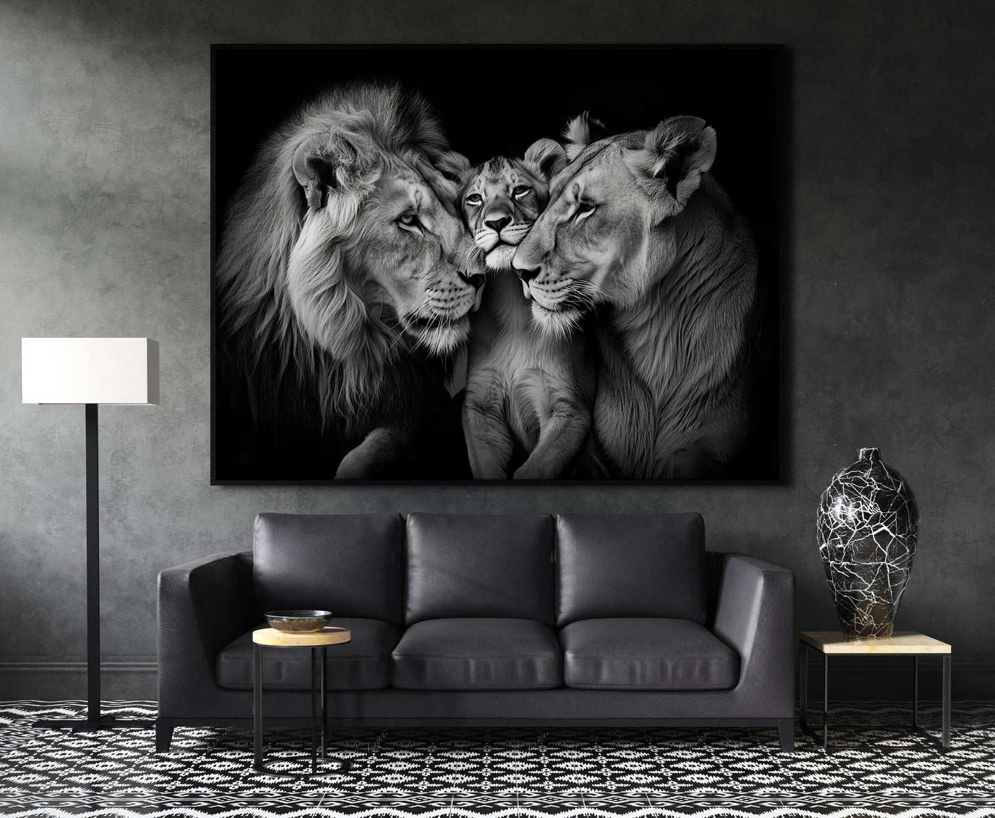 cozy-lion-family-black-and-white-canvas-print