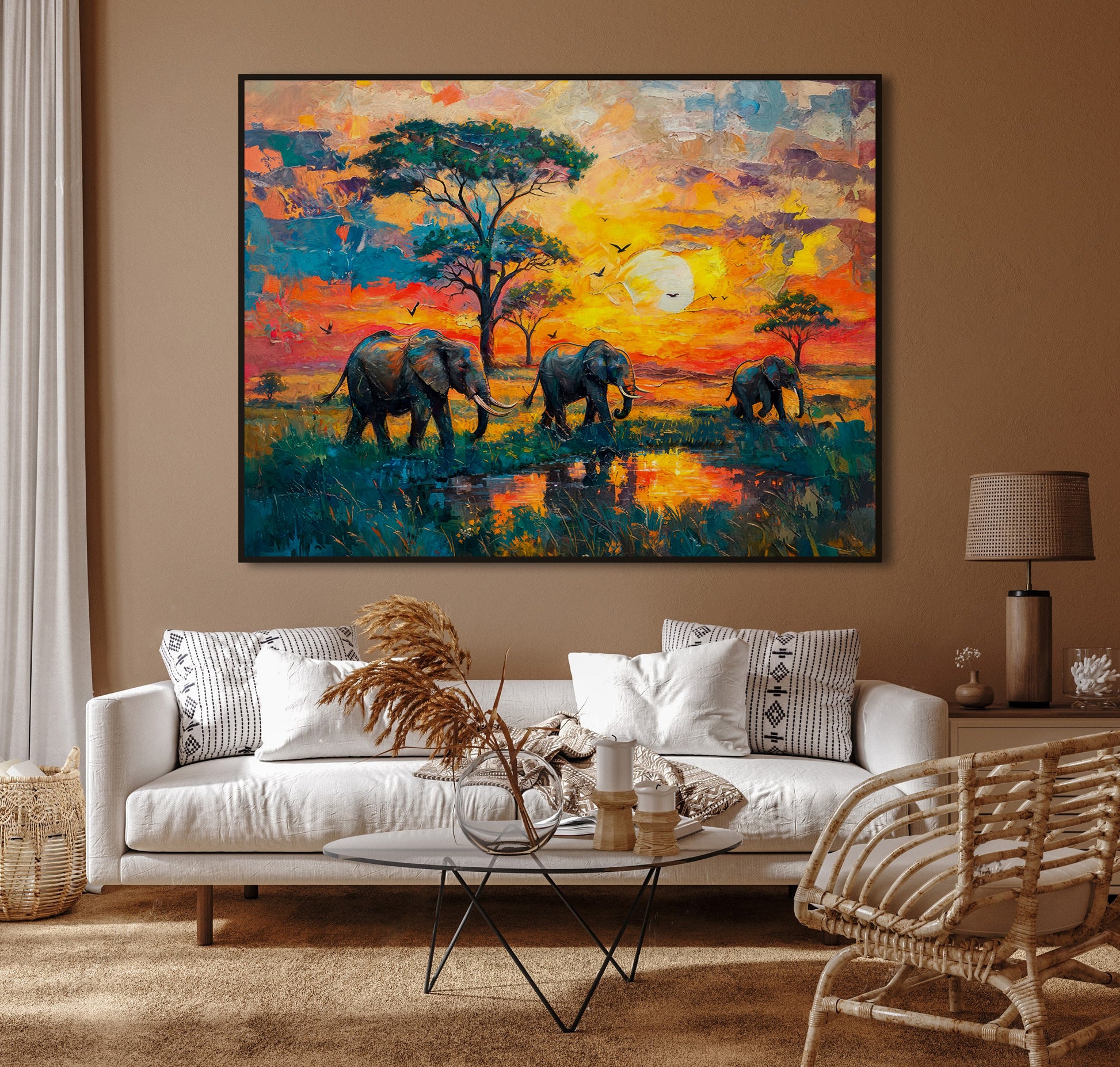 vibrant-safari-sunset-wall-art-with-elephants