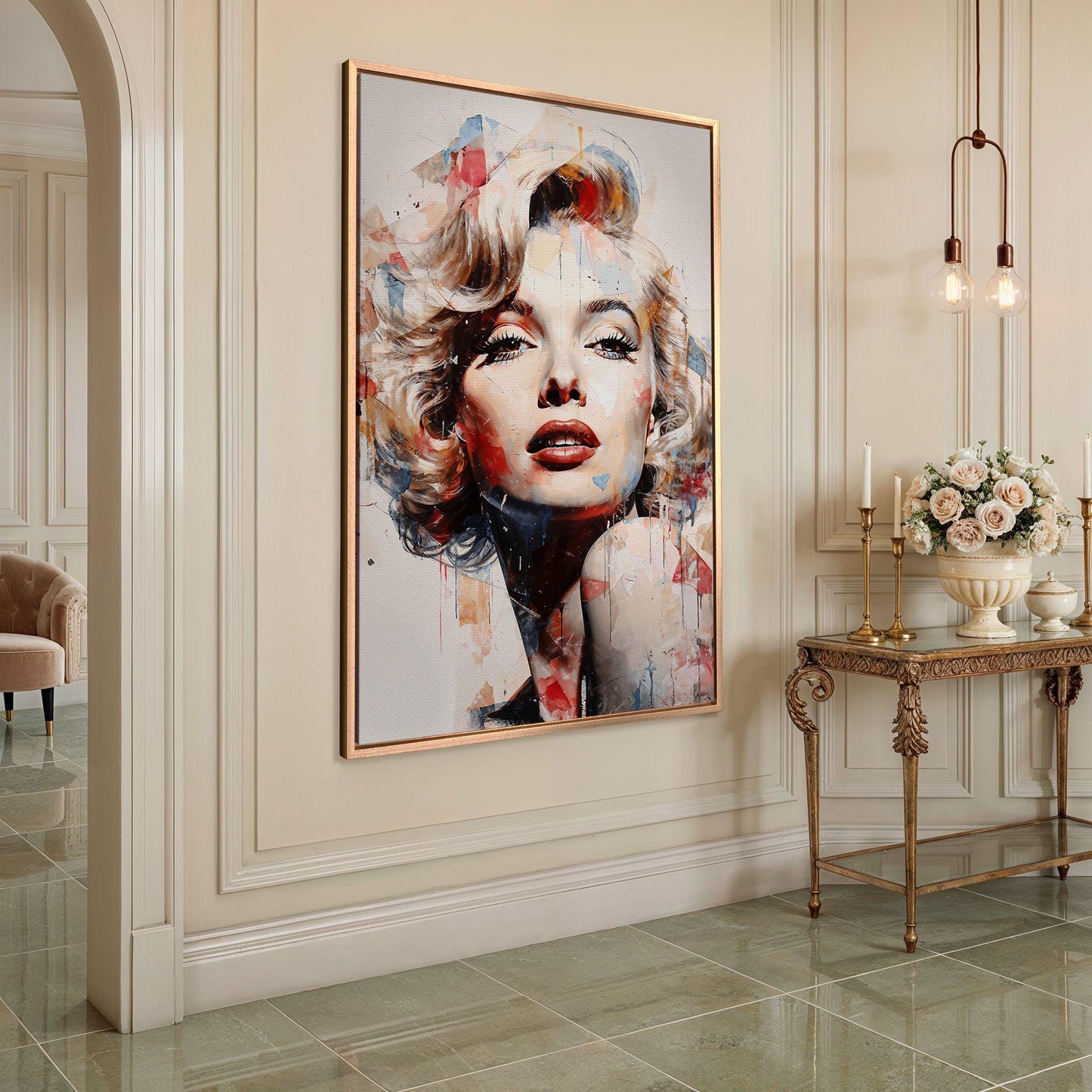 Close-up of Marilyn Monroe eyes and bright red lips within vibrant abstract art