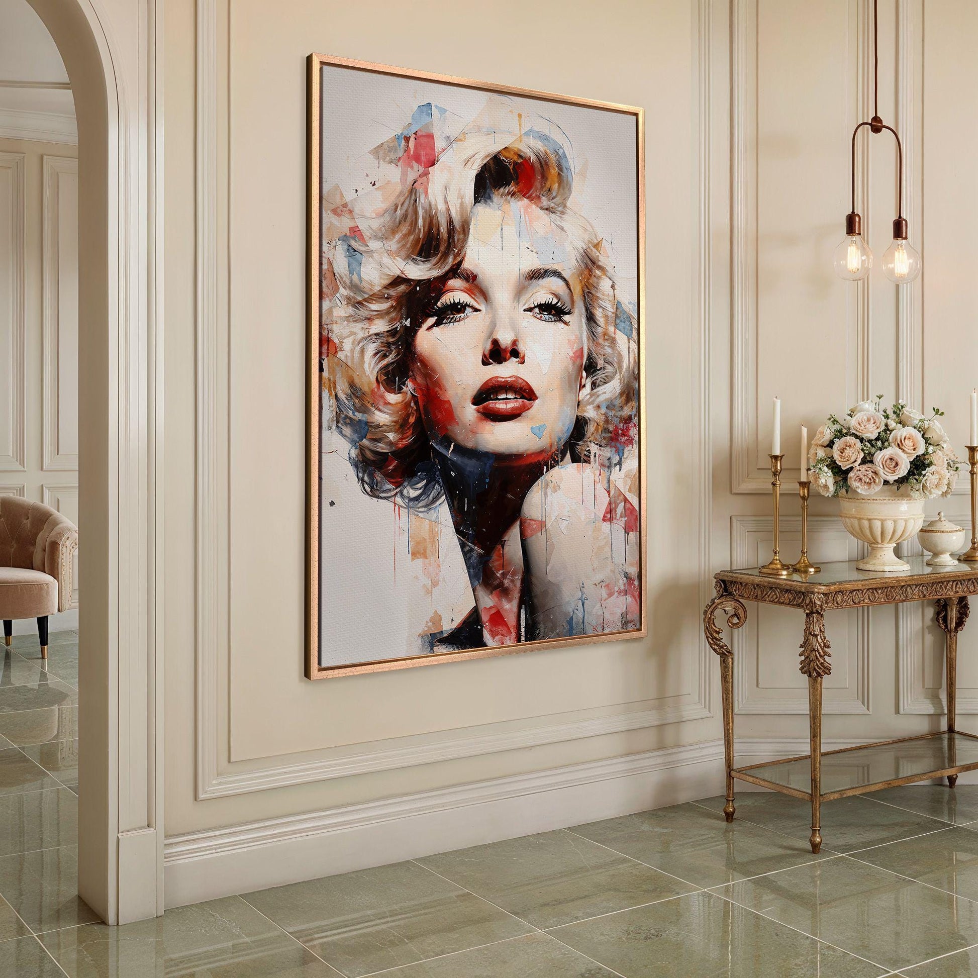 Close-up of Marilyn Monroe eyes and bright red lips within vibrant abstract art
