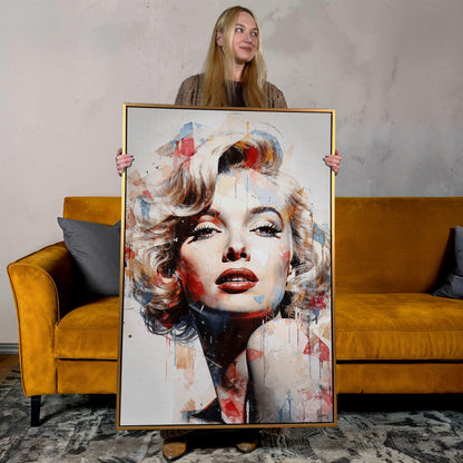 Marilyn Monroe portrait on canvas in abstract modern style with red lips and bold brushstrokes, gold frame