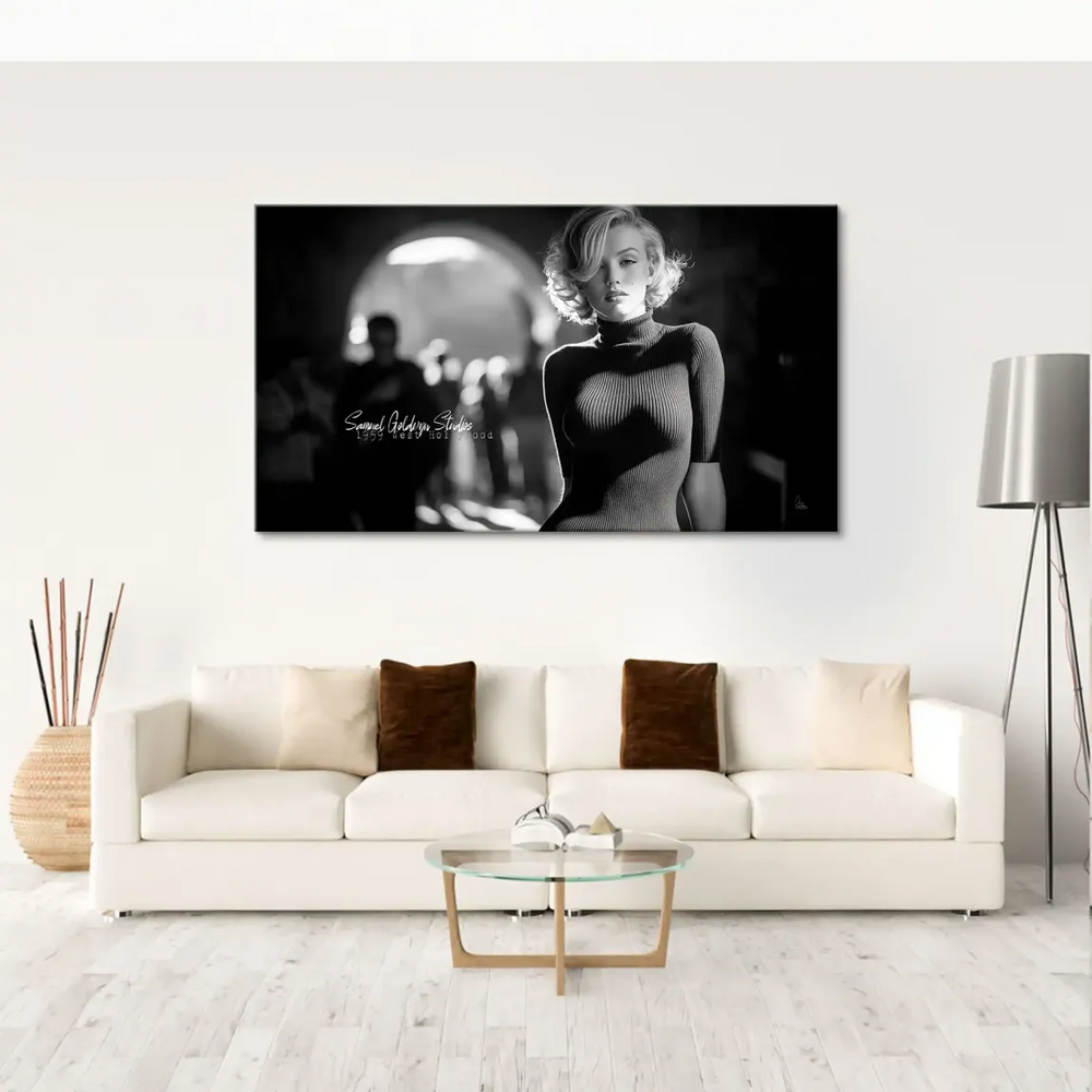 Close-up of Marilyn Monroe canvas wall art with fashion-forward styling