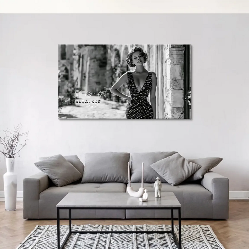 Monochrome portrait emphasizing dramatic light and shadow on a vintage wall art piece