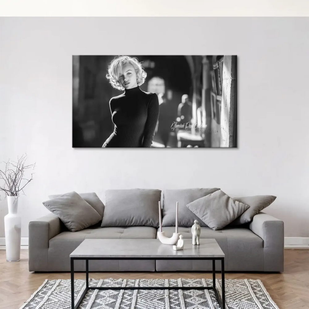 Profile portrait of a blonde woman in a black turtleneck on Capri scene