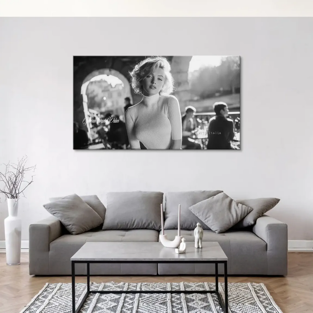 Vintage Hollywood glamour canvas print featuring Marilyn Monroe against a soft European street background
