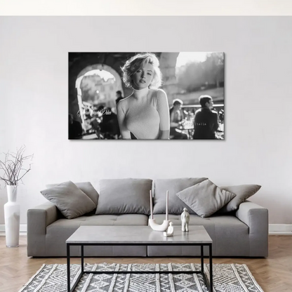 Vintage Hollywood glamour canvas print featuring Marilyn Monroe against a soft European street background