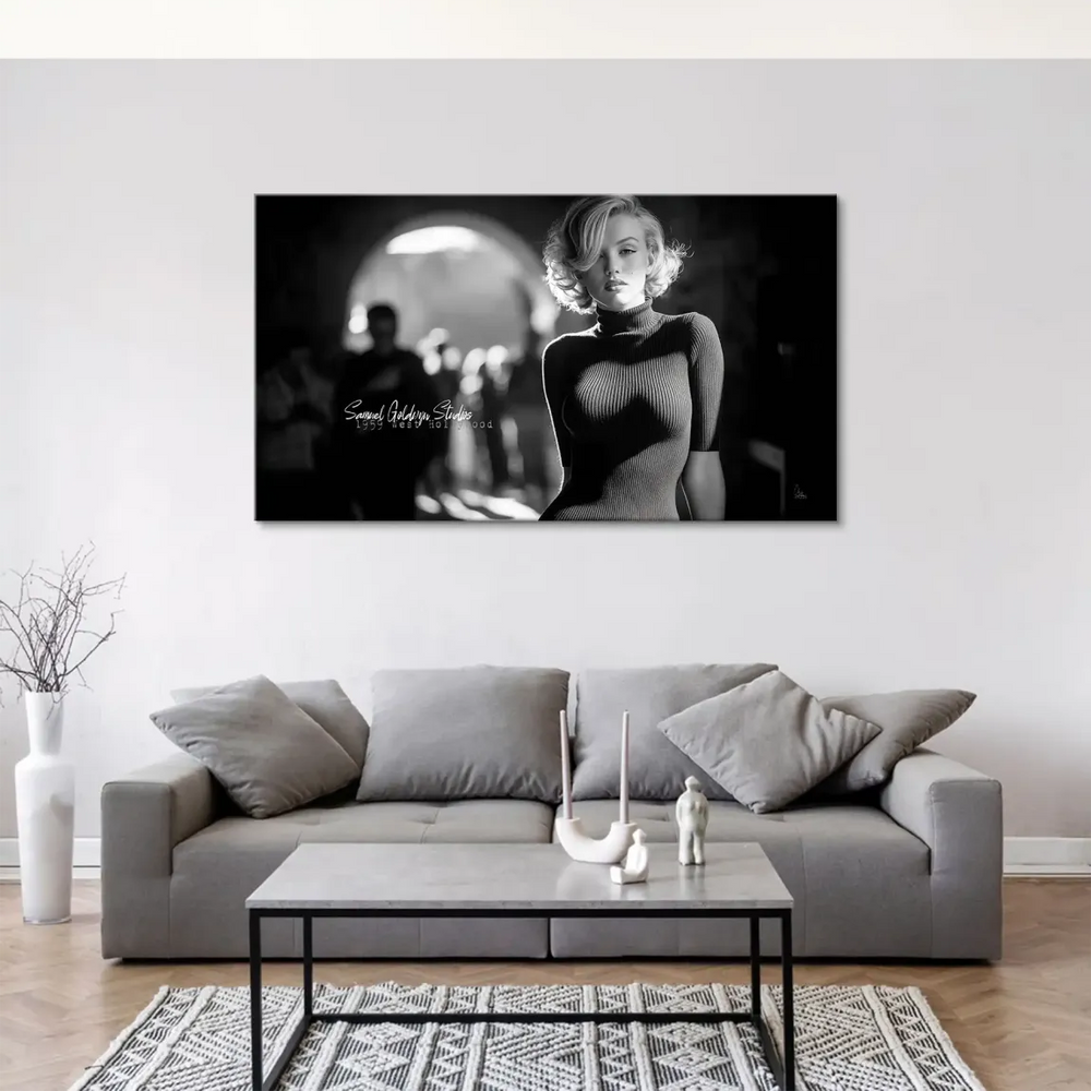 Full canvas wall art showing Marilyn Monroe portrait for living room decor