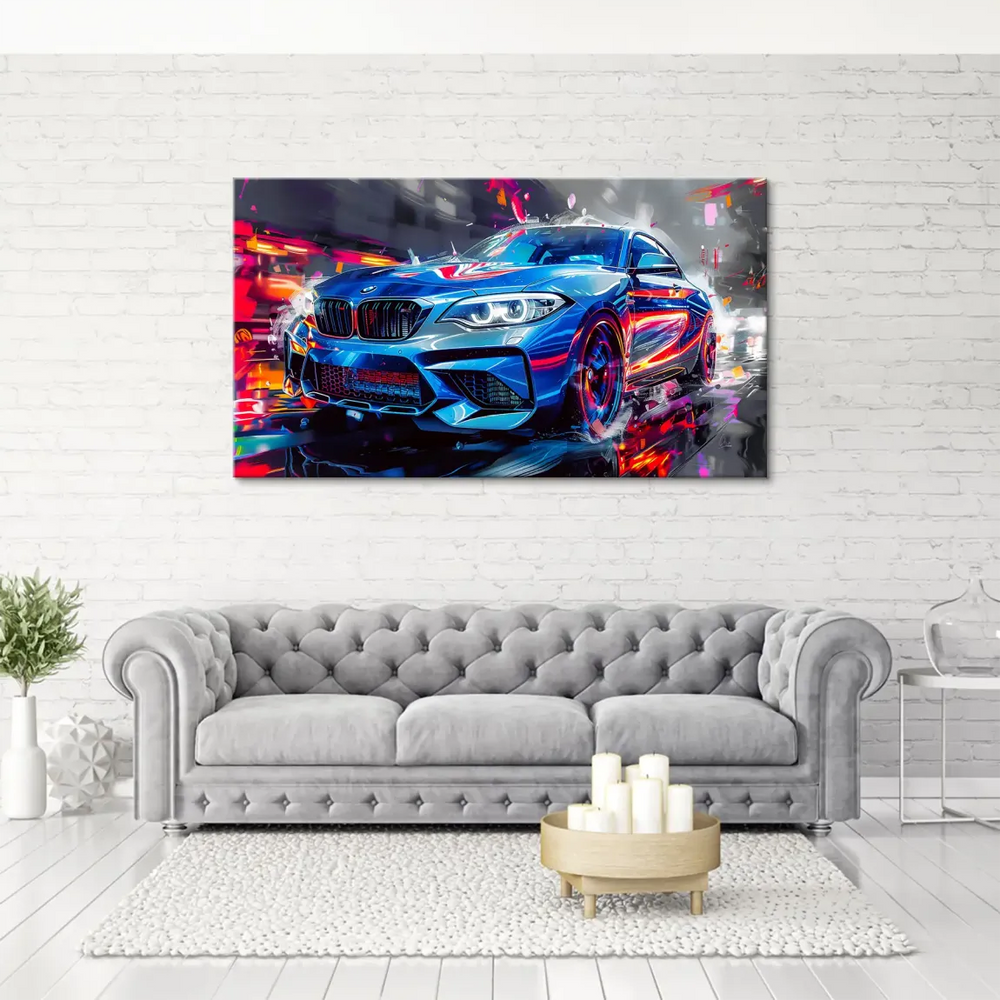 Close-up of blue BMW M2 silhouette in cyberpunk-inspired abstract design.