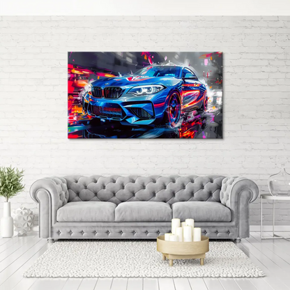 Close-up of blue BMW M2 silhouette in cyberpunk-inspired abstract design.