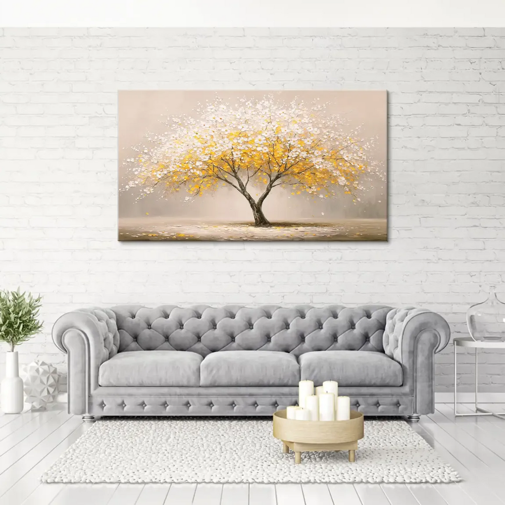 Full view of the Golden Tree canvas art featuring a solitary tree against a soft beige taupe landscape.