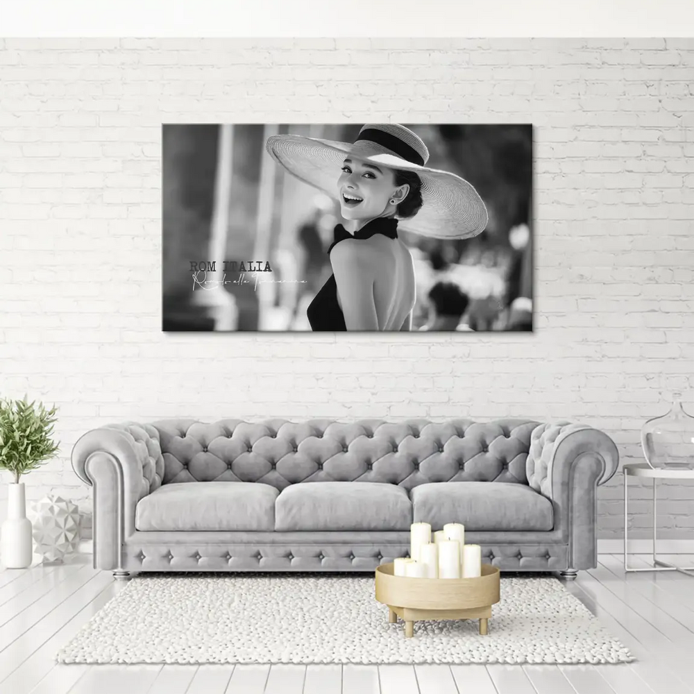 Audrey Hepburn wall art with subtle Italian ROM ITALIA and Roma Bella Teverina lettering