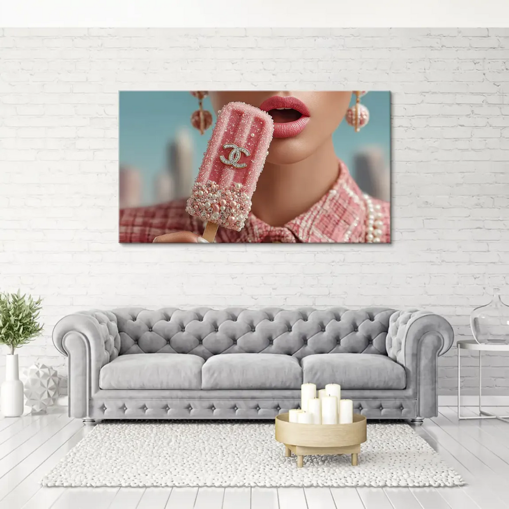 Bold pop art canvas featuring a fashion-forward figure with a pink popsicle motif and pearl embellishments.